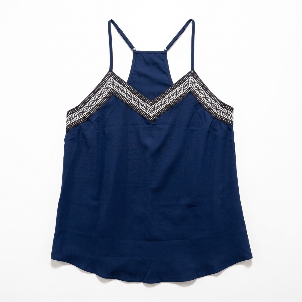 Womens M Navy Racerback Cami Tank Top Geometric Trim Boho Festival Casual